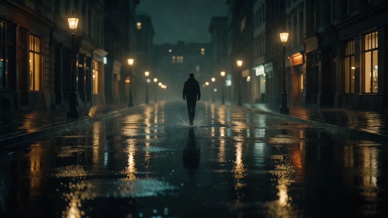 雨夜城市街道全景，路灯与橱窗灯光倒映在湿滑路面上，远处有人背向行走